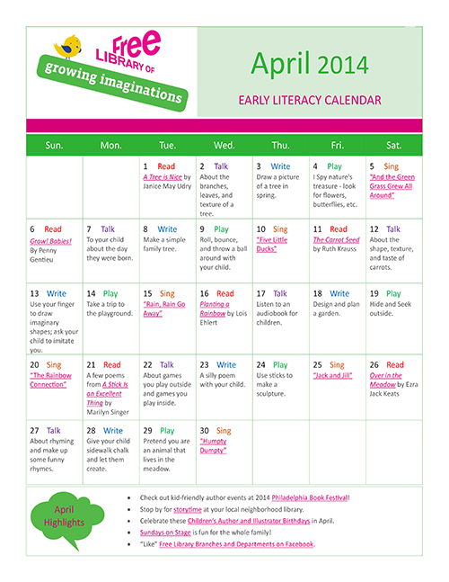 Early Literacy Calendar April 2014
