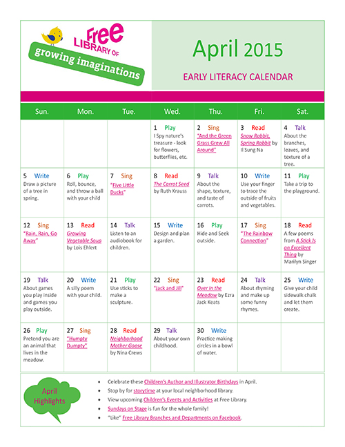 Early Literacy Calendar April 2015