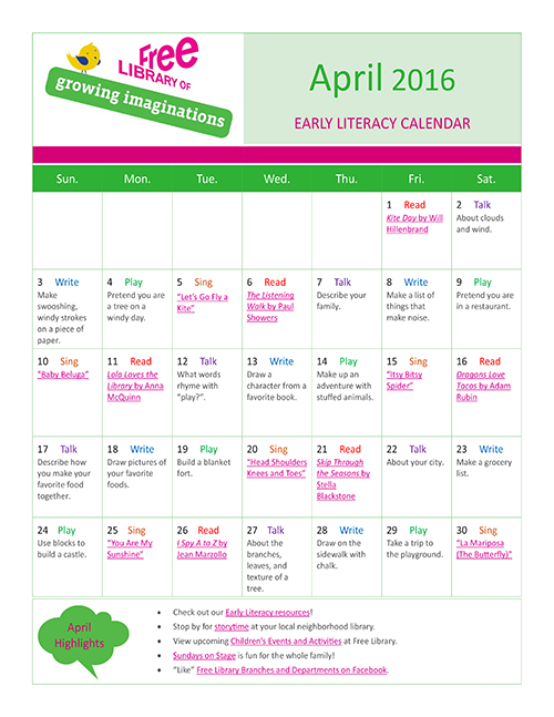 Early Literacy Calendar April 2016