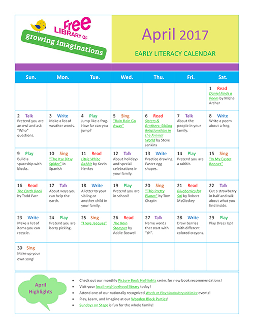 Early Literacy Calendar April 2017