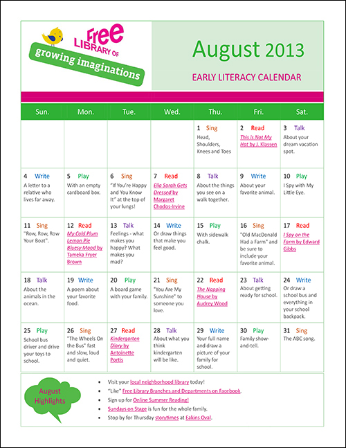 Early Literacy Calendar August 2013