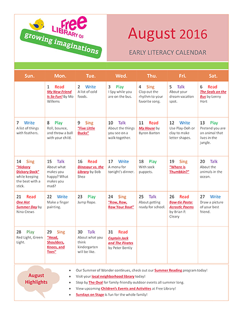 Early Literacy Calendar August 2016