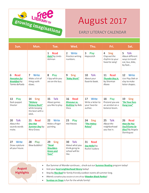 Early Literacy Calendar August 2017