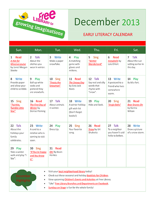 Early Literacy Calendar December 2013