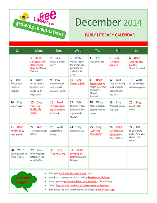 Early Literacy Calendar December 2014