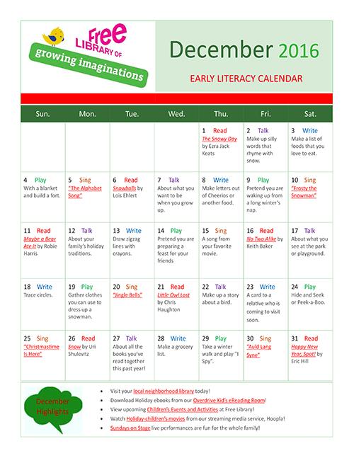 Early Literacy Calendar December 2016