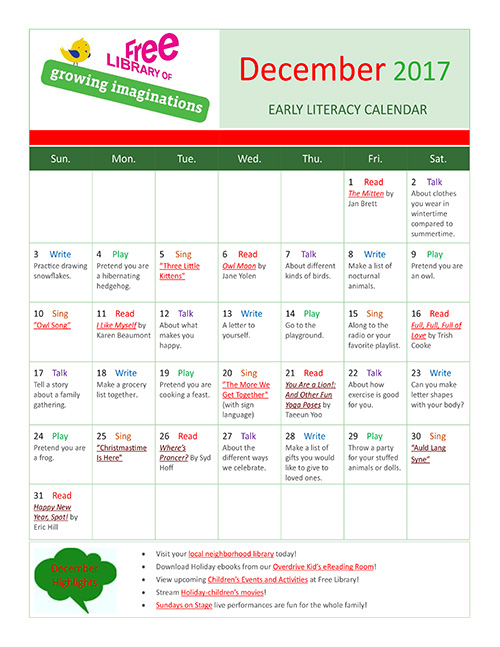 Early Literacy Calendar December 2017