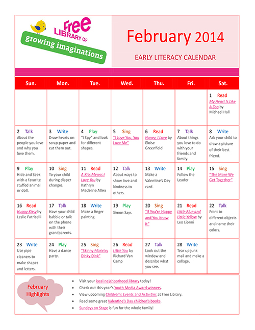 Early Literacy Calendar February 2014