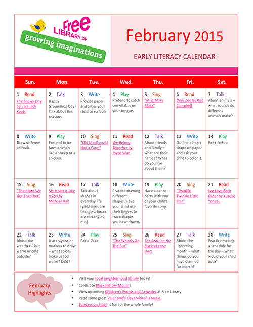 Early Literacy Calendar February 2015
