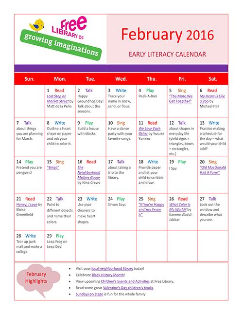 Early Literacy Calendar February 2016