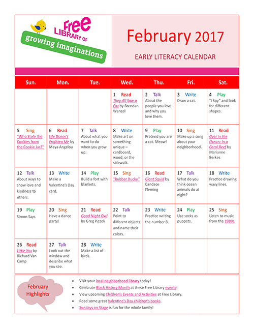 Early Literacy Calendar February 2017