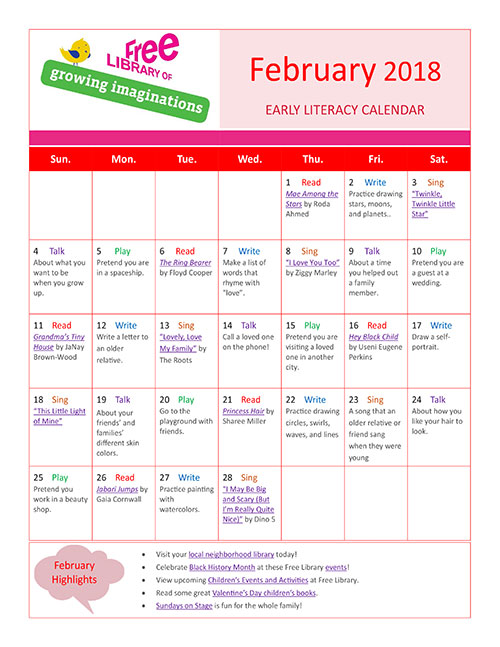 Early Literacy Calendar February 2018