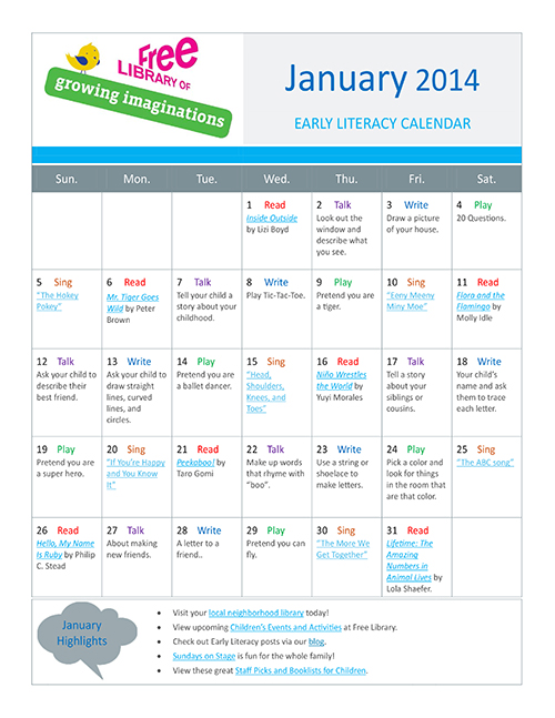 Early Literacy Calendar January 2014