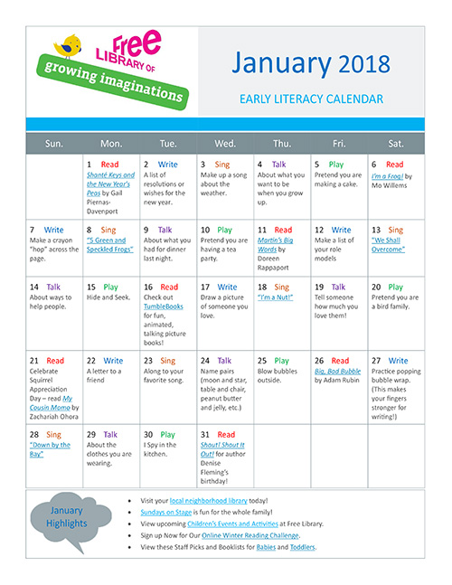 Early Literacy Calendar January 2018