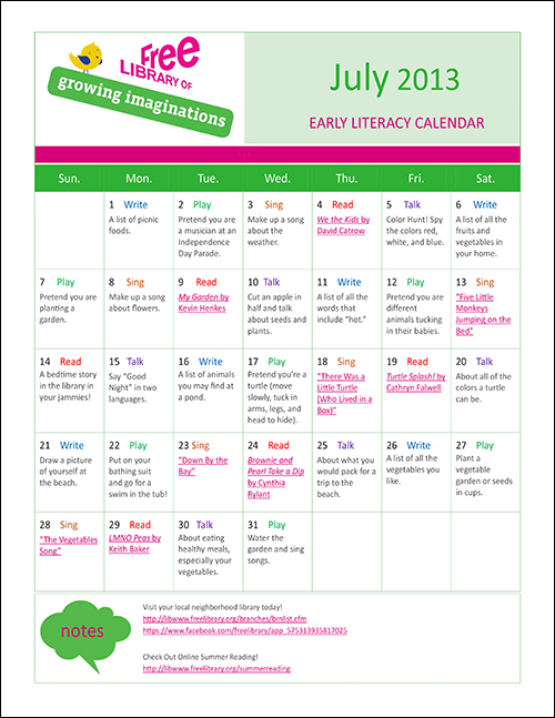 Early Literacy Calendar July 2013