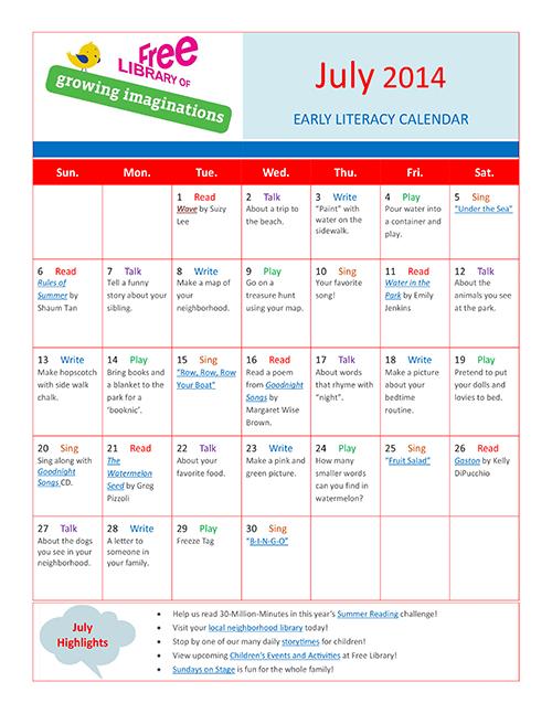 Early Literacy Calendar July 2014