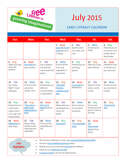 Early Literacy Calendar July 2015