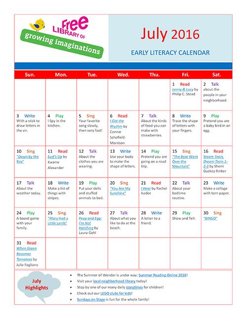 Early Literacy Calendar July 2016