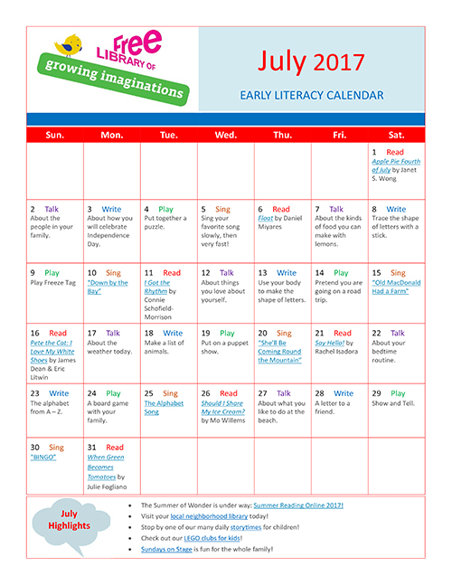 Early Literacy Calendar July 2017