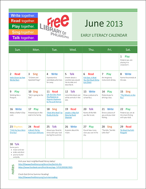 Early Literacy Calendar June 2013