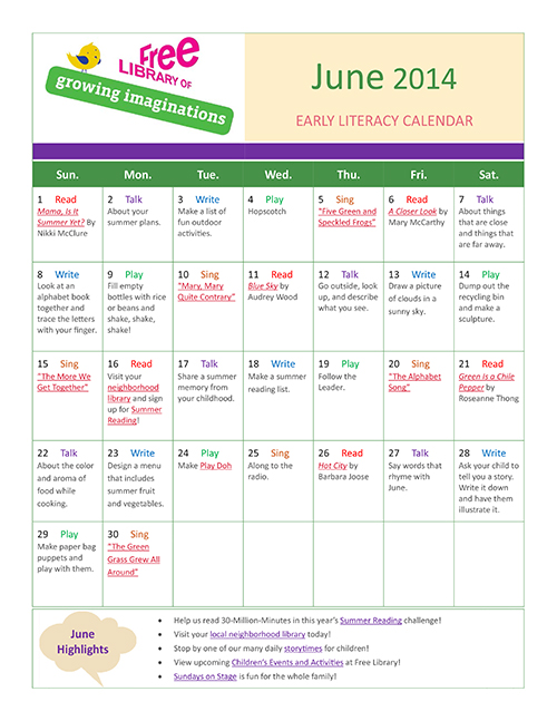 Early Literacy Calendar June 2014