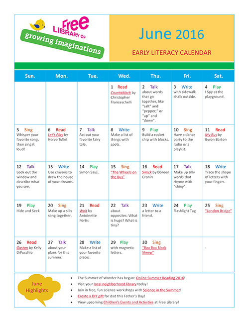 Early Literacy Calendar June 2016