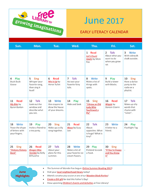 Early Literacy Calendar June 2017