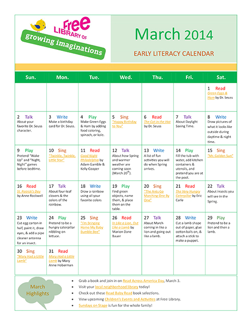 Early Literacy Calendar March 2014