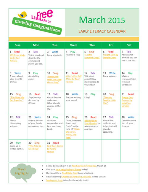 Early Literacy Calendar March 2015