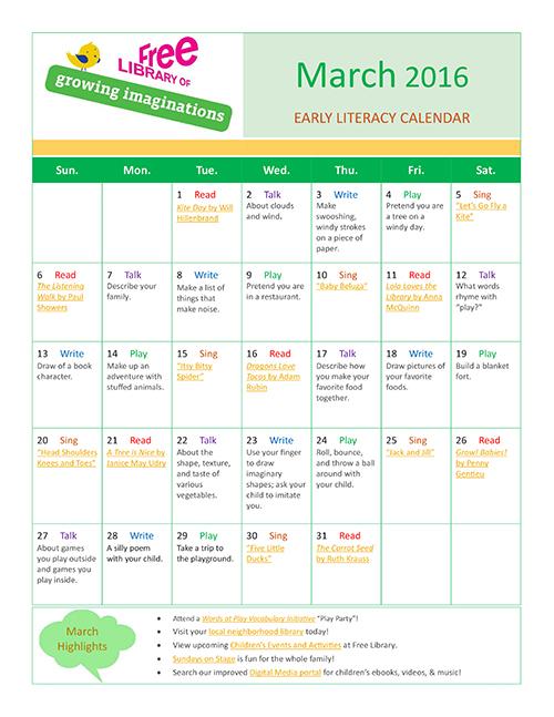 Early Literacy Calendar March 2016