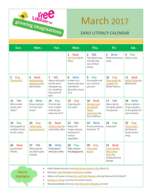 Early Literacy Calendar February 2017