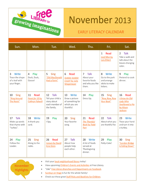 Early Literacy Calendar November 2013