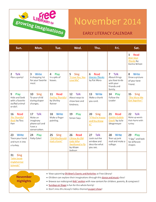 Early Literacy Calendar November 2014