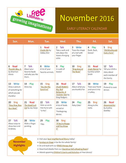 Early Literacy Calendar November 2016