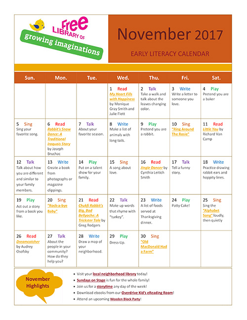Early Literacy Calendar November 2017