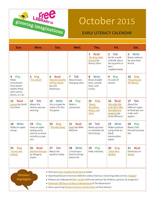 Early Literacy Calendar October 2015