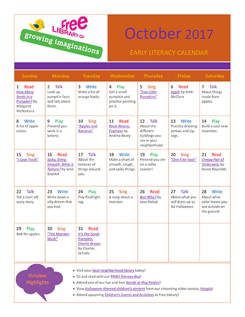 Early Literacy Calendar October 2017