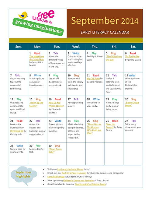 Early Literacy Calendar September 2014