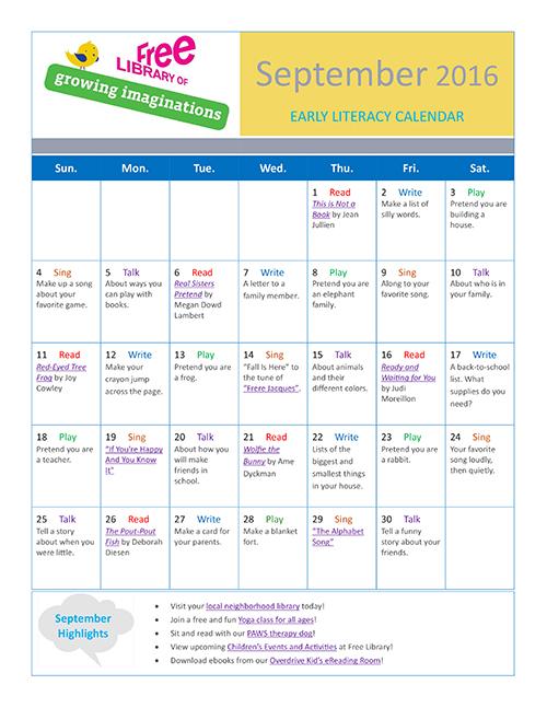 Early Literacy Calendar September 2016