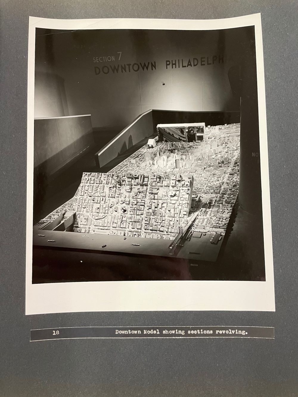 Photo of the model of Center City, captured while the two panels were turning