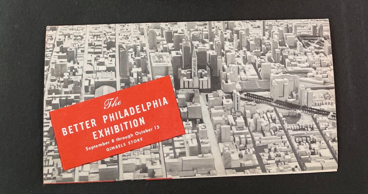 Flyer for the exhibition. The front of the flyer shows a photo of the Center City model. 