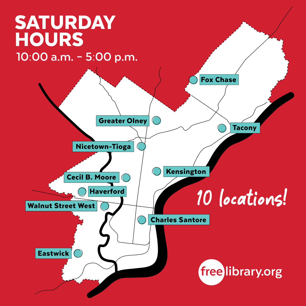A map of Philadelphia highlighting the 10 library locations that will be open Saturdays 10 AM to 5 PM