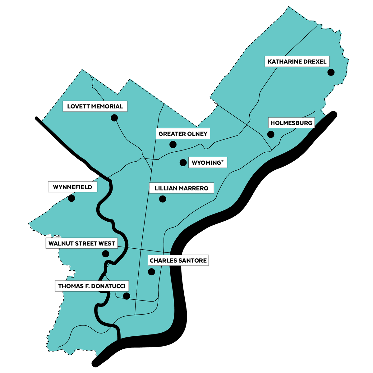 map of Philadelphia with library locations pinned