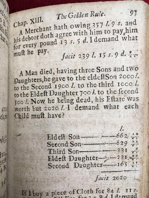 Hodder's Arithmetic, printed by Benjamin Franklin's brother James in Boston in 1719, during Franklin's apprenticeship. The print work is not of high quality.