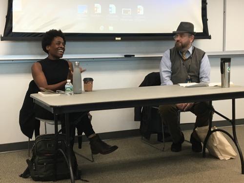 Jacqueline Woodson discusses her writing with Community College of Philadelphia professor Kelly McQuain.