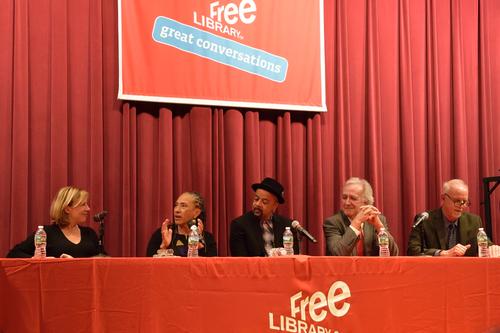 Previous years One Book authors in discussion at Parkway Central Library (from left to right): Christina Baker Kline, Lorene Cary, James McBride, Carlos Eire, and Steve Lopez