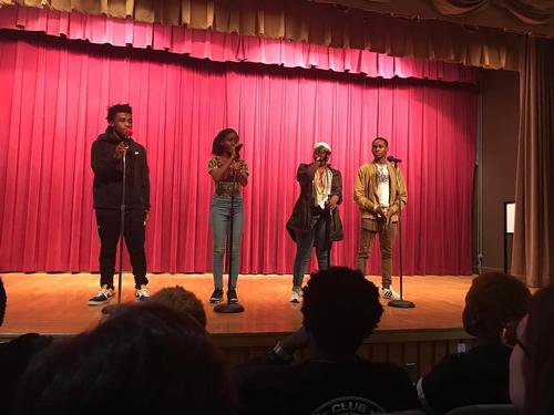 Teens participate in a recent Philly Slam Legaue event in Montgomery Auditorium at Parkway Central Library