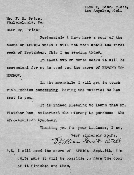 Still responding to Fleisher curator F.H. Price's request to acquire a copy of the piece Afro American Symphony.
