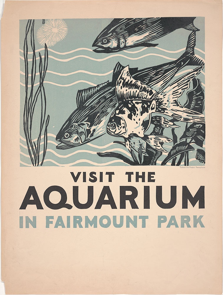 a graphic print with a light blue background layer, another layer printed in black with detailed illustrations of fish and text that says Visit the Aquarium in Fairmount Park
