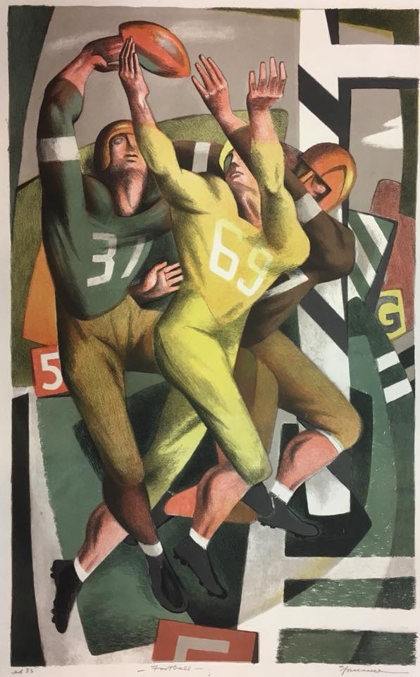 painting of Eagles players making a catch from the Free Library's print and picture collection